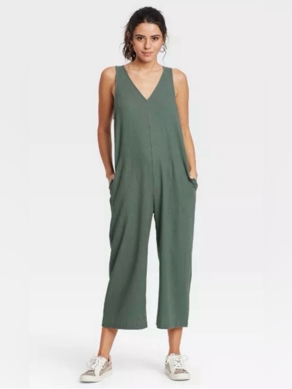 New NWT Women's Olive Green Linen rayon blend Jumpsuit XXL